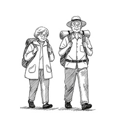 Senior couple traveling light, enjoying their journey in sketch style  