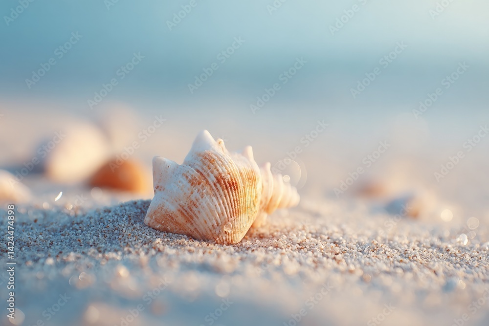 Poster close-up of sandy beach elements with seashells creating minimalistic serene environment for clean i