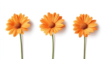 Naklejka premium Three orange daisies, white background, floral arrangement, spring