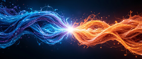 Abstract two wavy infinite lines clash each other from different side, sparkling with burning fire on the middle, clean, intricate details, glowing, shimmering, smooth, modern techno theme, futuristic
