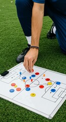 Man kneeling on grass field holding a soccer tactics board and placing a marker on it for training...