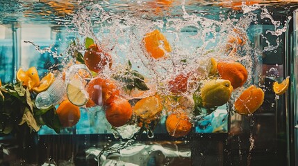 Fruits falling into water with splash in aquarium setting