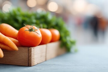 diverse selection of fresh bright organic food products neatly arranged with blurred people in distant background