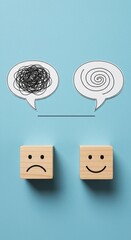 Speech bubble with tangled lines and clear spiral representing chaos versus clarity next to wooden...