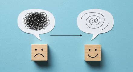 Sad to happy emotional transformation depicted with frowny face cube and thought bubble showing...