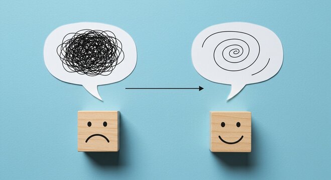 Sad to happy emotional transformation depicted with frowny face cube and thought bubble showing confusion, leading to smiley face cube with structured thought bubble, mental clarity concept.