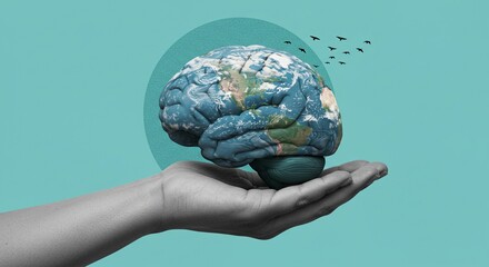 Hand holds a brain shaped like planet earth with birds flying above, symbolizing global connection and innovative thinking, digital art for environmental and mental health awareness.