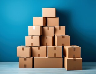 Obraz premium a neatly stacked pile of cardboard boxes on a plain blue background symbolizing moving or storage organization copyspace