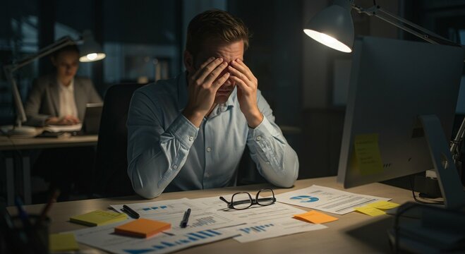 Distressed caucasian man holding head in hands at office table late night. Concept of work overload and exhaustion. Stress from business deadline and job fatigue.