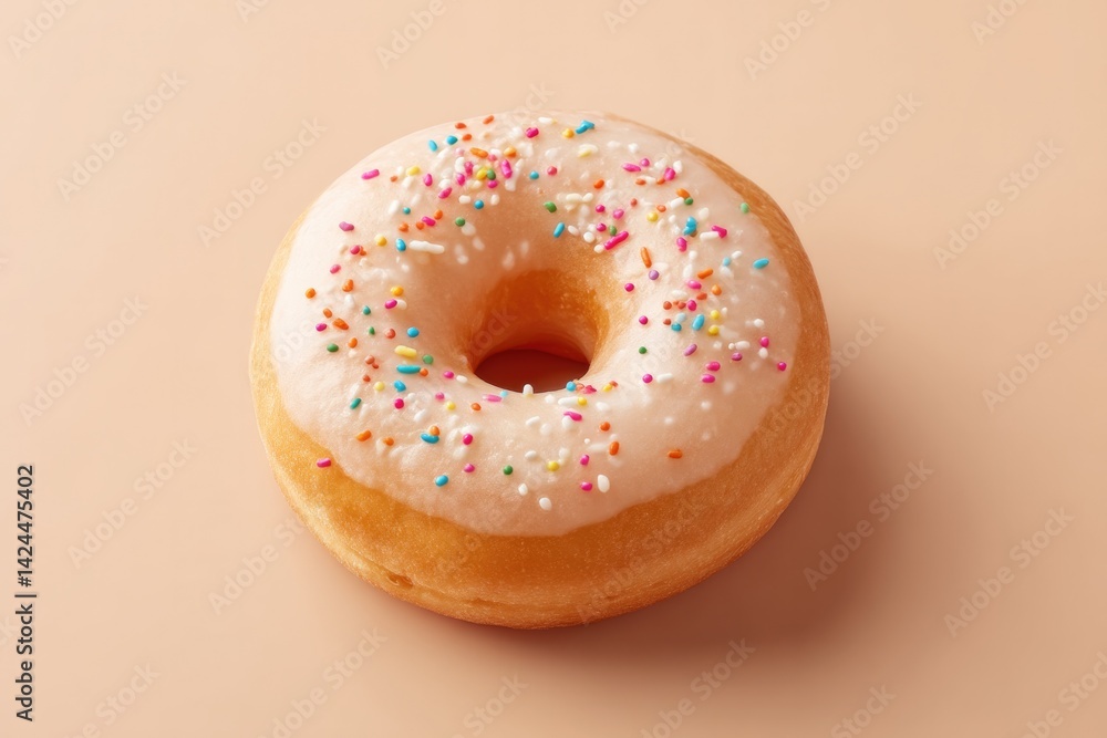 Poster glazed donut with light sprinkling of colorful sprinkles rests invitingly on smooth solid background