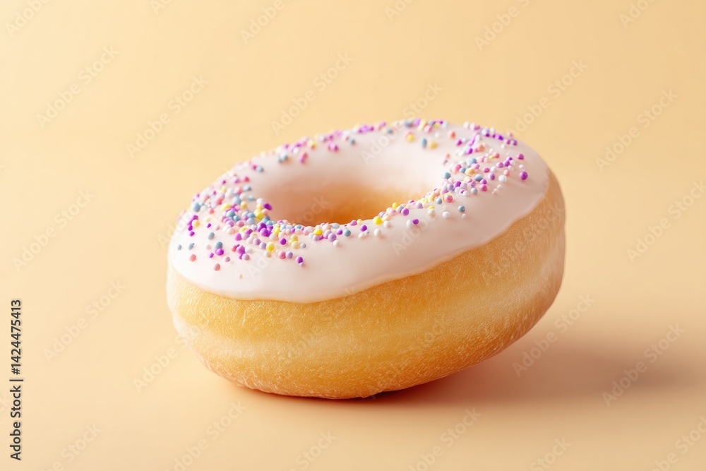 Poster glazed donut with light sprinkling of colorful sprinkles rests invitingly on smooth solid background