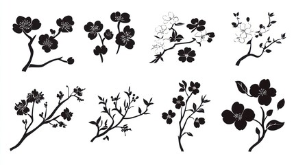 Naklejka premium Black and white cherry blossom branch illustrations; design elements; white background; print, web