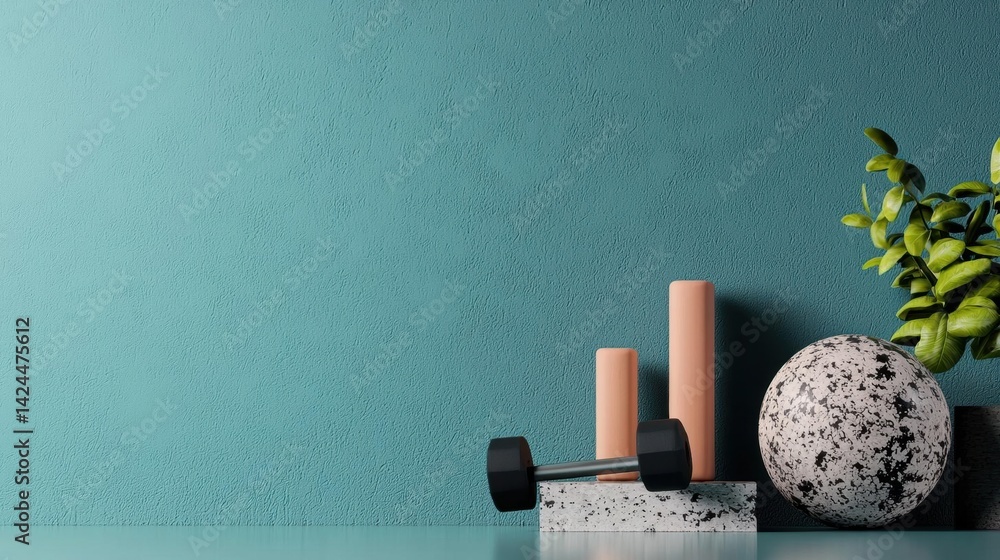 Poster flat lay of a desk with a turquoise wall in the background. on the desk, there are three objects arr