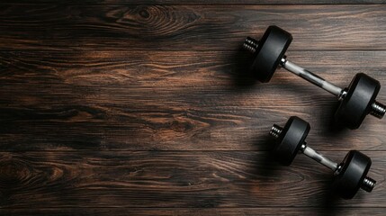 Two dumbbells lying on a wooden surface. the dumbbell on the left is black and appears to be made of metal, while the one on the right is silver.
