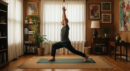 Caucasian man practicing warrior pose on yoga mat in living room. Home exercise for wellbeing, fitness, and healthy lifestyle. Senior man training body and mind indoors.
