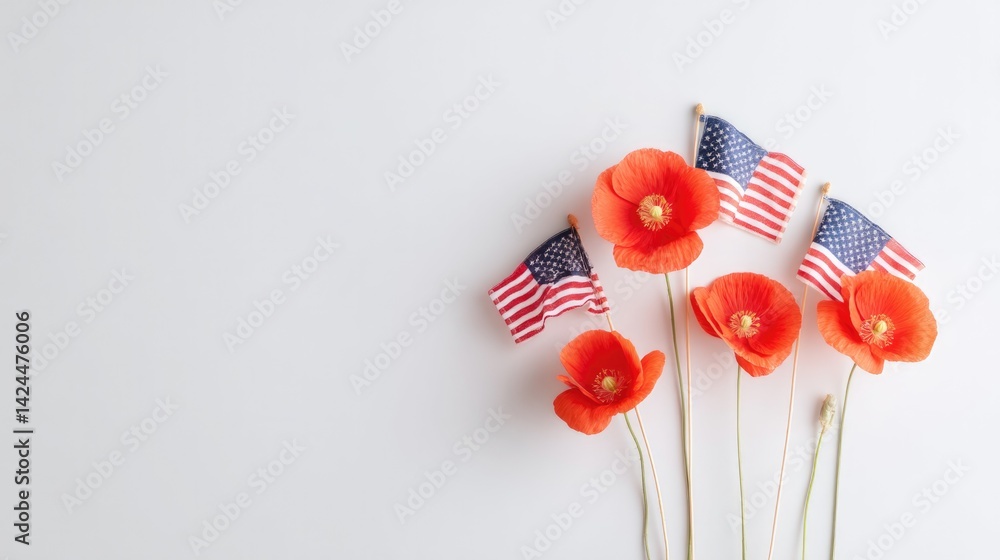 Poster minimalistic arrangement of american flags and poppies against plain background offering ample copy 