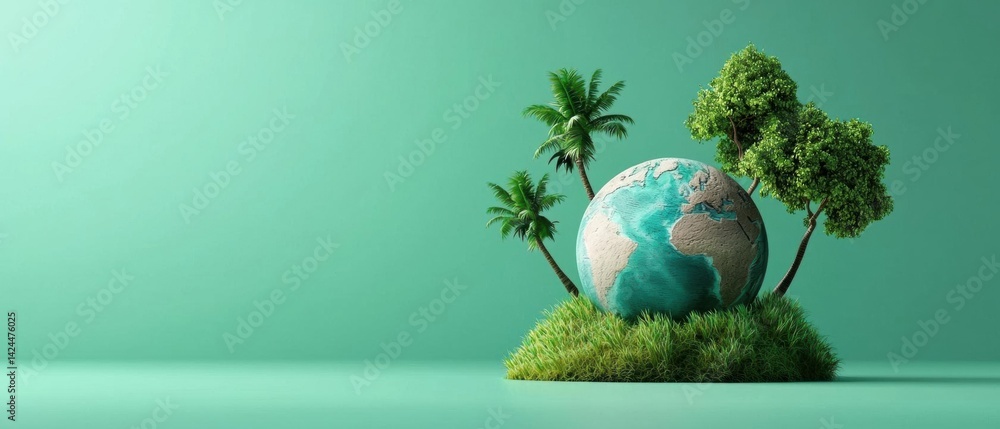 Fototapete 3d rendering of a small island with a globe in the center. the globe is blue and white in color and 