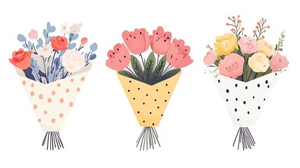 Three floral bouquets, spring flowers, gift wrapping, white background, website design