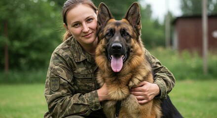 Woman in military uniform hugs her german shepherd dog outdoors, showcasing the loyal bond between a soldier and their K9 partner in a training or duty concept.