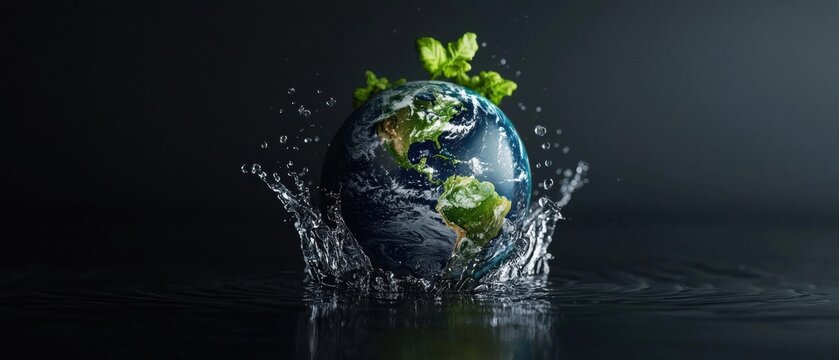 Digital illustration of the earth, with the continents and oceans clearly visible. the earth is in the center of the image, with water splashing around it. - Powered by Adobe