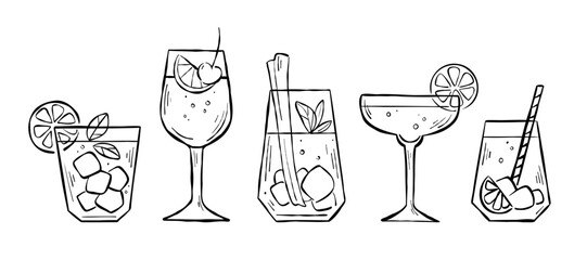 Set of five hand-drawn sketches with different types of cocktails. Vector line art for menu, recipe, web banner, or print. Mocktails collection with fruits and ice isolated on white background.
