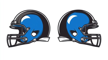 Two blue and black football helmets, side view,  sports graphic, team logo