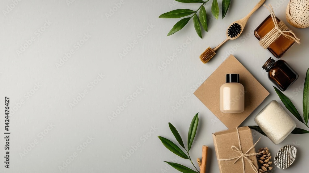 Poster flat lay of various spa-related items arranged on a light grey background.