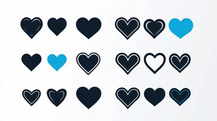 Various heart icons, digital design, white background, web graphic, social media