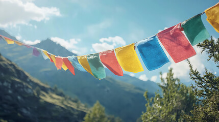 Colorful Tibetan prayer flags flutter in the wind against a backdrop of majestic mountains and blue sky.