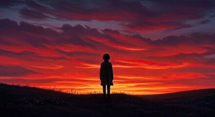 Fototapeta premium Lonely Figure Silhouette on Hill Under Glowing Red Sunset Sky Ablaze Twilight Gradient Landscape