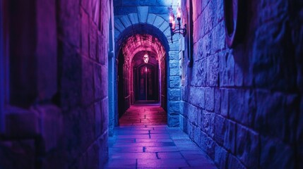 Fantasy hallway with glowing purple and blue lights