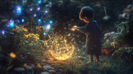 A young child, bathed in ethereal light, interacts with magical energy in a mystical garden.