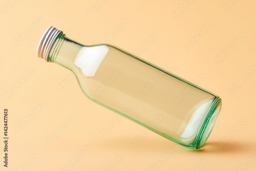 Poster single glass bottle lying horizontally on smooth solid color background representing recycling and s