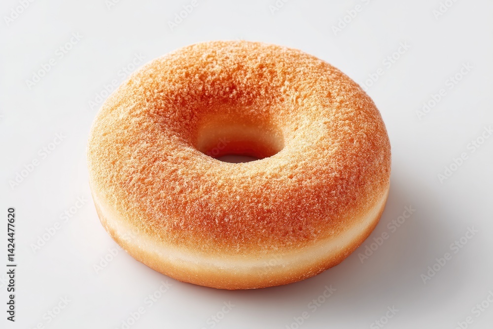 Poster single donut sits on pristine white background creating minimalistic and clean image with ample copy