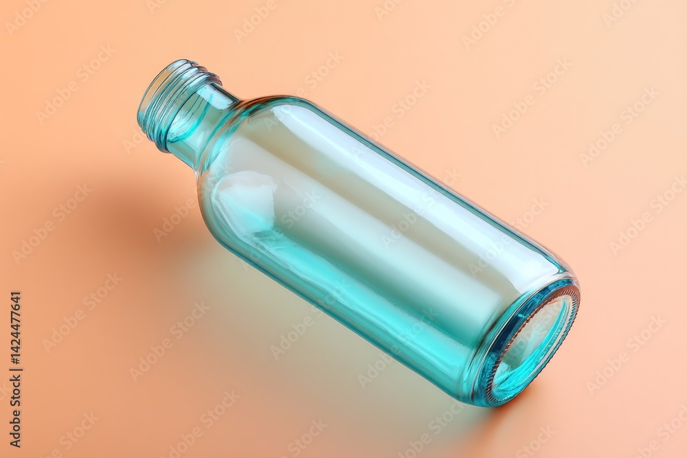 Poster single glass bottle lying horizontally on smooth solid color background representing recycling and s
