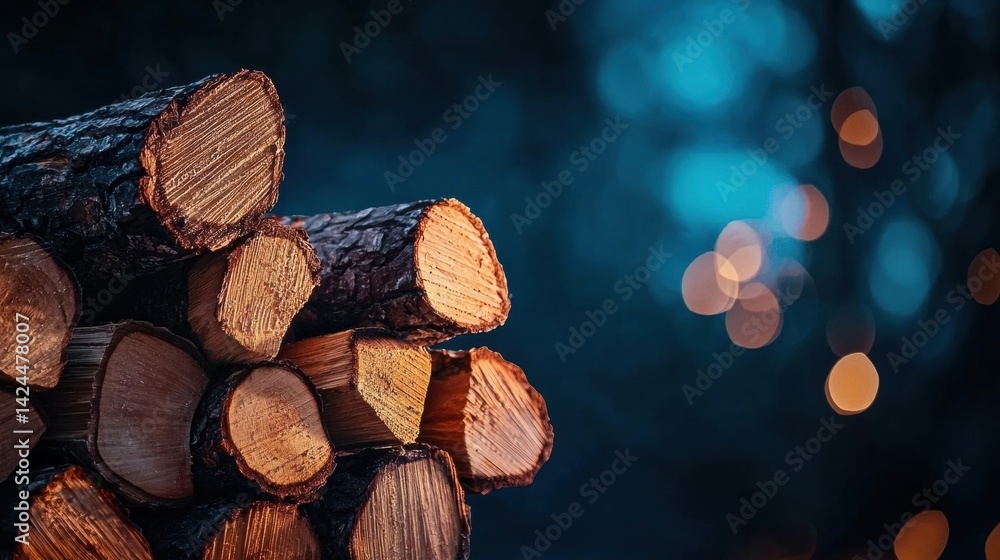 Poster close-up of a pile of firewood stacked on top of each other. the logs are of different sizes and col