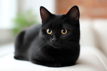 sleek black cat sits elegantly on white modern couch