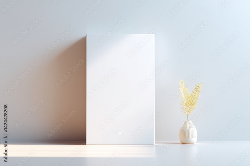 Poster sleek minimalistic poster mock-up set on neutral wall under soft ambient lighting allowing empty can