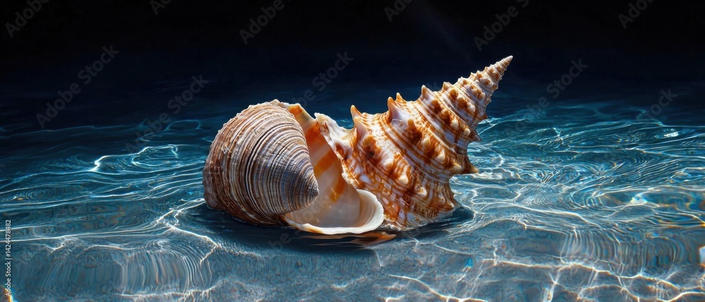Poster close-up of a sea shell floating in the water. the shell is a conch, which is a type of conch shell 