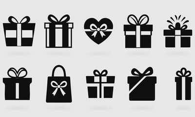 Silhouette Gift Box Icon Set Black and White Present Box Collection with Ribbons and Bows