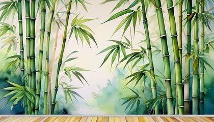 Naklejka premium tropical bamboo wall mural vibrant watercolor mural featuring lush green bamboo stalks creating a serene and exotic atmosphere for any indoor space