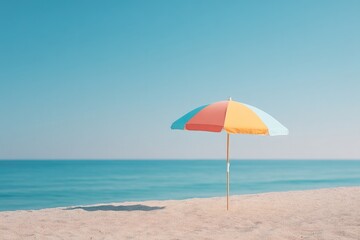 tranquil beach scene with single colorful beach umbrella against clear blue sky