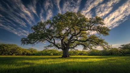 Fototapeta premium Majestic oak tree in a field under a dramatic sky. Ideal for nature, landscape, and outdoor themes