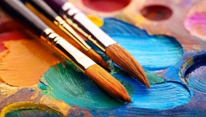 Obraz premium close up view of artist paint brushes on colorful palette with soft blurred background
