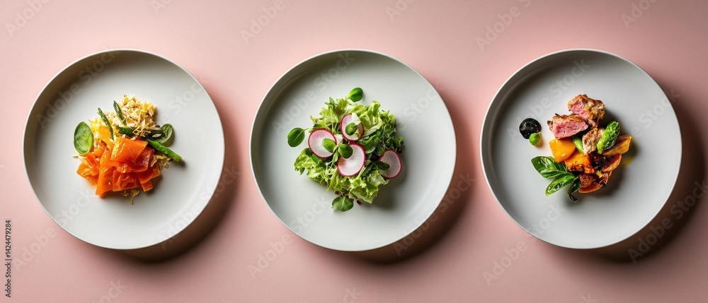 Aufkleber three white plates with different types of food on them. the plates are arranged in a triangular for