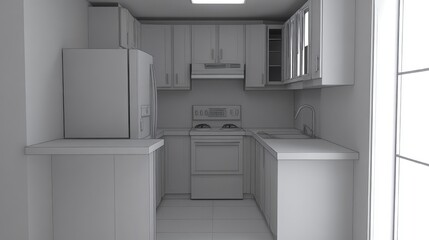 Gray scale rendering of a compact kitchen design.