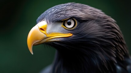 Obraz premium Majestic eagle portrait featuring a detailed yellow beak and intense gaze against a dark green backdrop.
