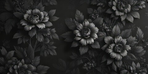 Intricate charcoal floral wallpaper, rich texture, dark background, sophisticated, elegant