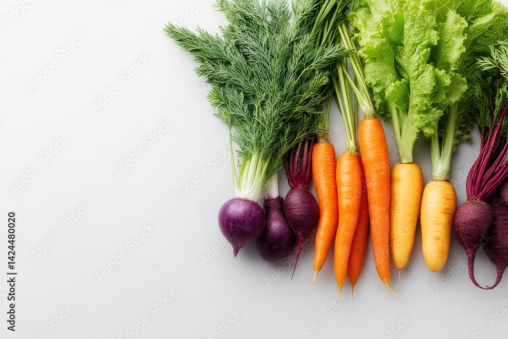 Poster array of colorful non-gmo vegetables neatly arranged on white surface includes copy space for text o