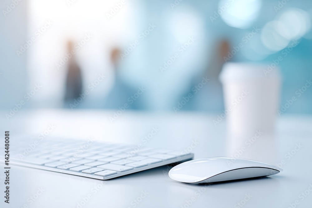 Poster capture minimalist scene of blogger at sleek desk setup focusing sharply on their engaged expression